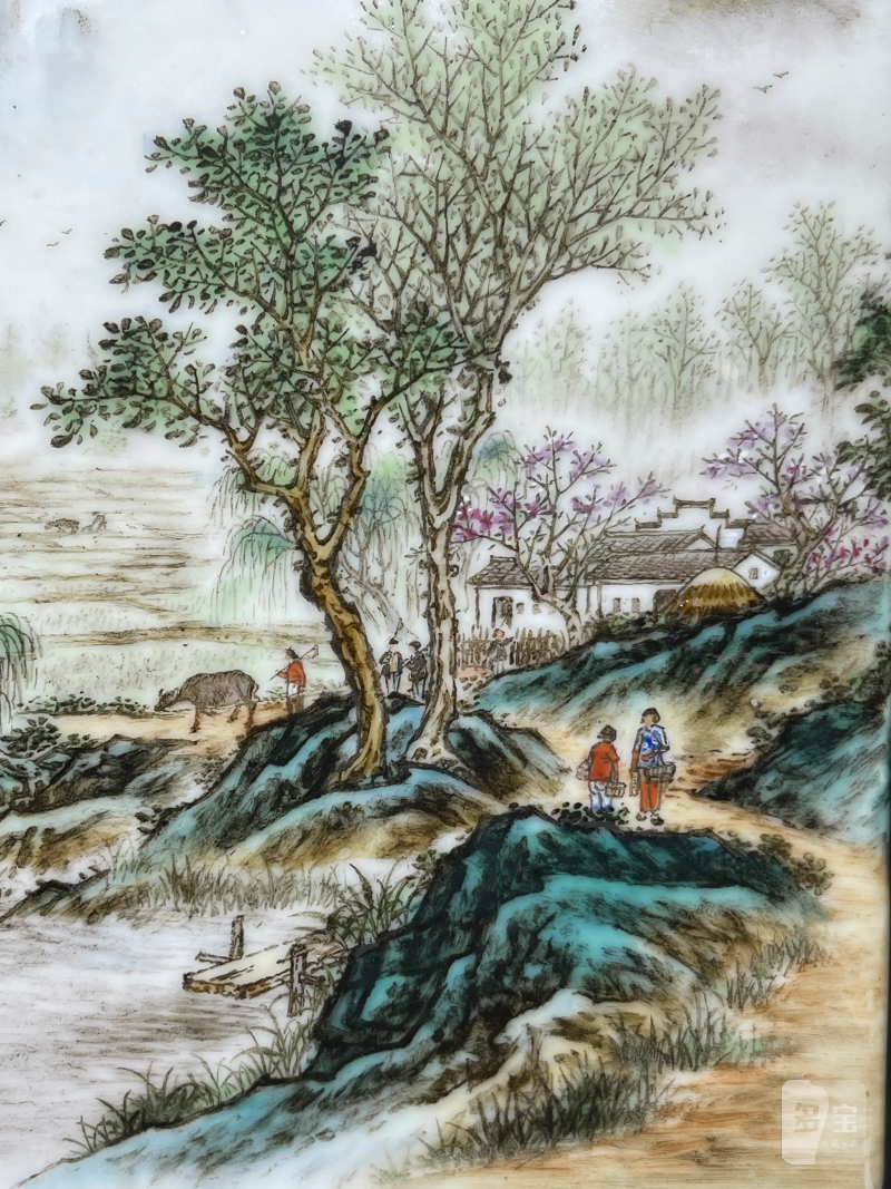 1962年 游海滨画粉彩春耕图琮式瓶 - 图6